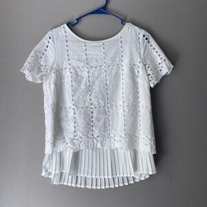 ADIVA White Eyelet Lace Pleated‎ Hem Short Sleeve Top Women sz S Boho Cottage